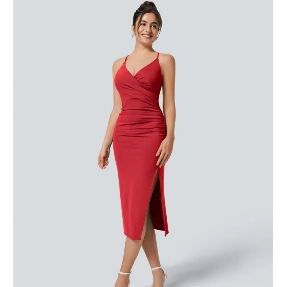 HALARA Red Midi Wrap Dress with Side Slit